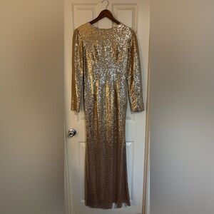 Honey Qiao Gold Sequin Long Sleeve Evening Gown Floor Length Formal Gala Dress